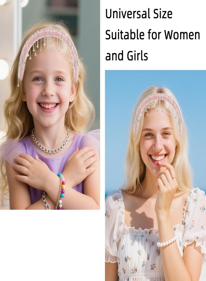 PLwelth Rhinestone Padded Headband for Women Girls Sparkly Bling Crystal Tassel Headband No Slip Wide Hairbands for Thin Thick Hair Pink Satin Hairband Fashion Hair Accessories for Wedding Party Decor - Image 2